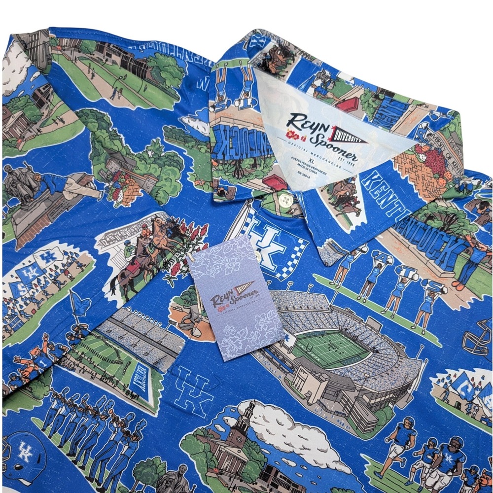 Reyn Spooner Polo Shirt Mens XL Blue University of Kentucky Scenic AOP New